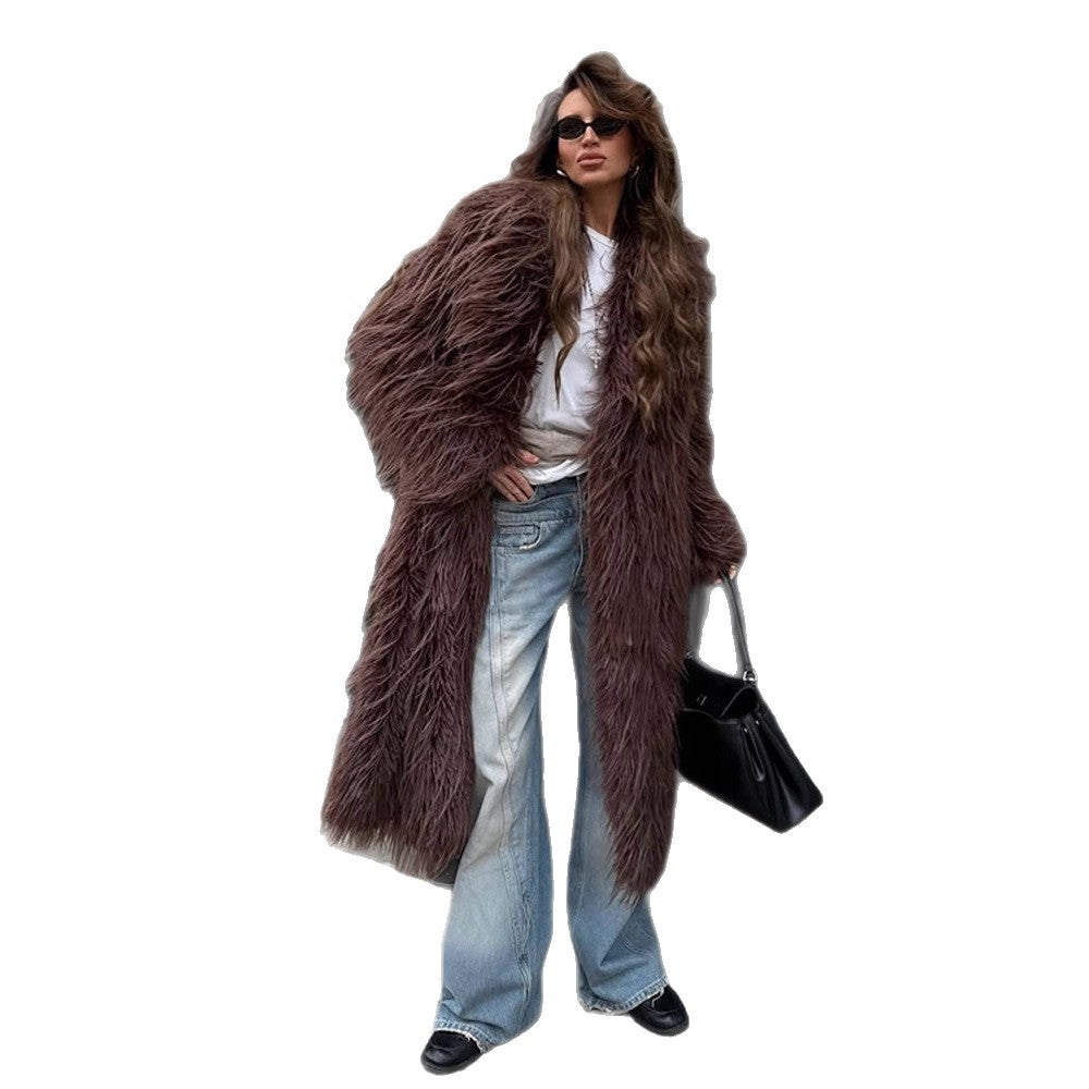 Damen Maxilanger Shaggy Kunstpelz-Mantel mit offenem Schalkragen Shop Nory