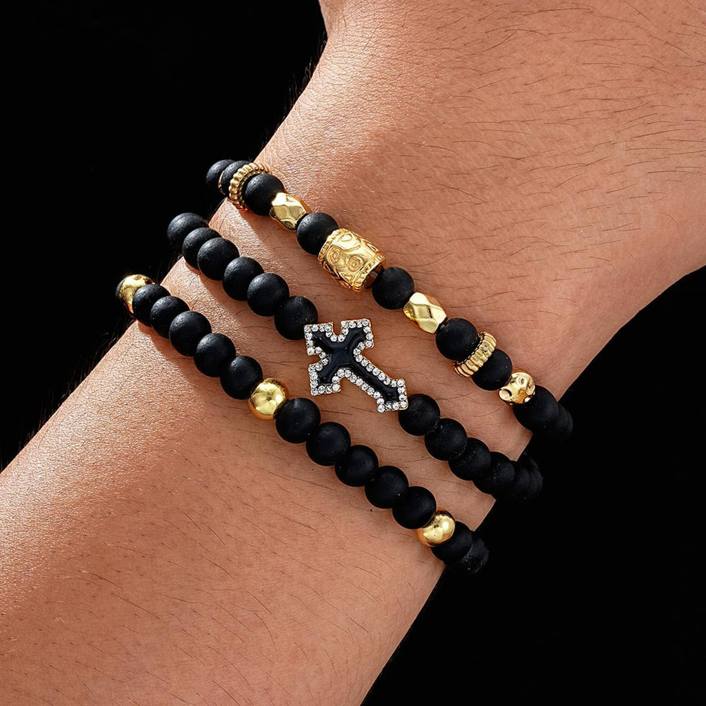 Damen Armband-Set aus matten und glänzenden Perlen mit Kreuz-Anhänger Shop Nory