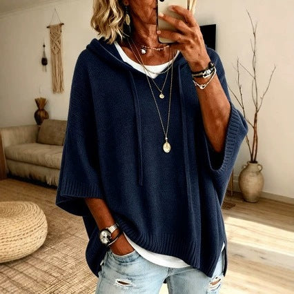 Damen Oversize Strickponcho mit Kapuze und kurzen Ärmeln Shop Nory