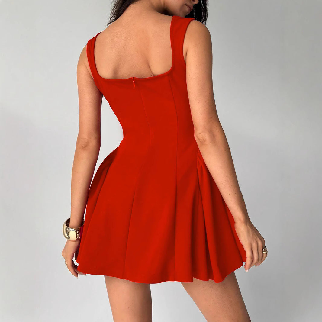 Damen Fließendes Minikleid mit quadratischem Ausschnitt und ausgestellten Rock