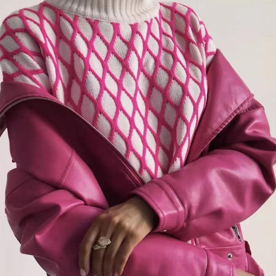 Damen Oversize Strickpullover mit Rautenmuster und Stehkragen Shop Nory