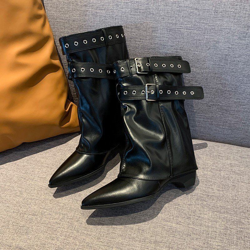 Damen Wadenhohe Wildleder-Slouch-Stiefel mit spitzer Zehenpartie und Zierschnallen Shop Nory