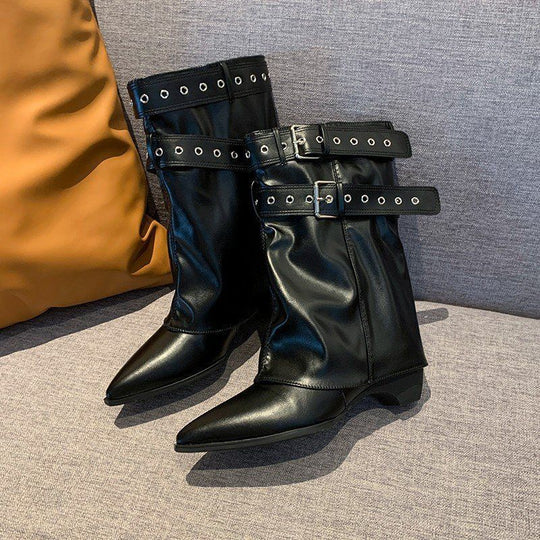 Damen Wadenhohe Wildleder-Slouch-Stiefel mit spitzer Zehenpartie und Zierschnallen Shop Nory
