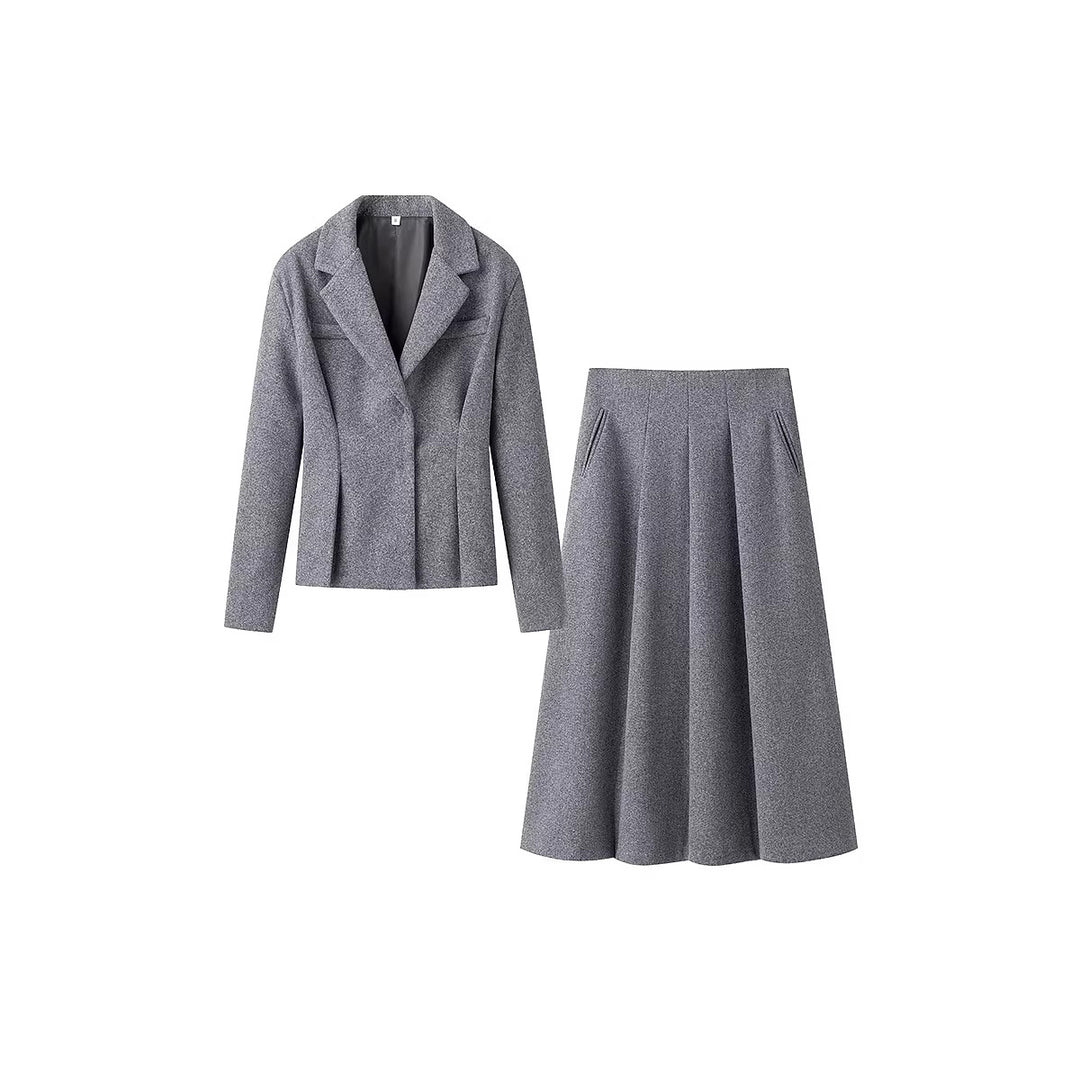 Damen Elegantes Wollmix-Kostüm mit tailliertem Kurzblazer und ausgestelltem Midirock Shop Nory
