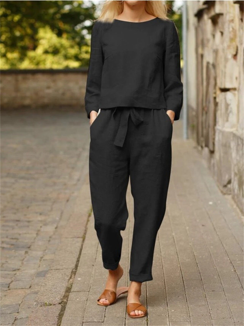 Damen Lässiges Zweiteiliges Leinen-Outfit mit breitem Bund