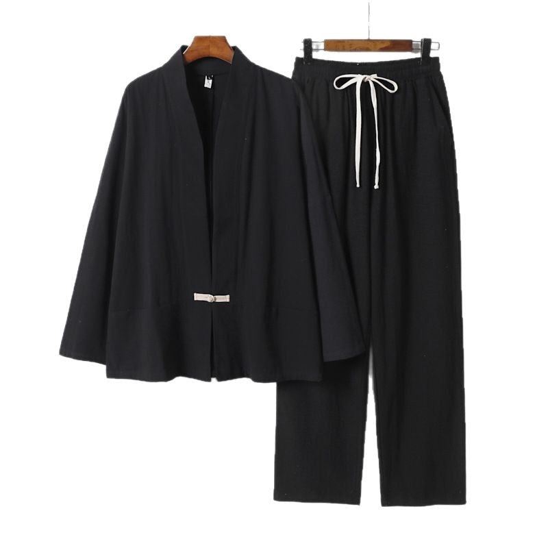 Herren Zen-inspiriertes Kimono-Loungewear-Set aus leichter Baumwollmischung mit offenem Schnitt und Kordelbundhose Shop Nory