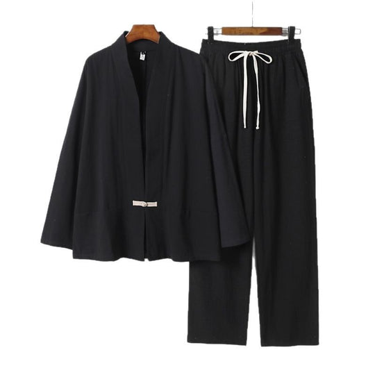 Herren Zen-inspiriertes Kimono-Loungewear-Set aus leichter Baumwollmischung mit offenem Schnitt und Kordelbundhose Shop Nory
