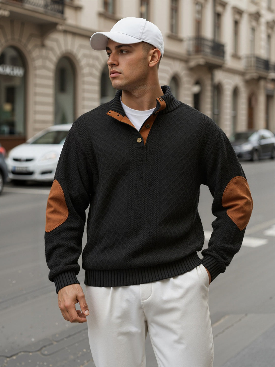 Herren Troyer-Pullover mit Stehkragen, strukturierter Strickoptik und Kontrast-Ellbogenpatches Shop Nory