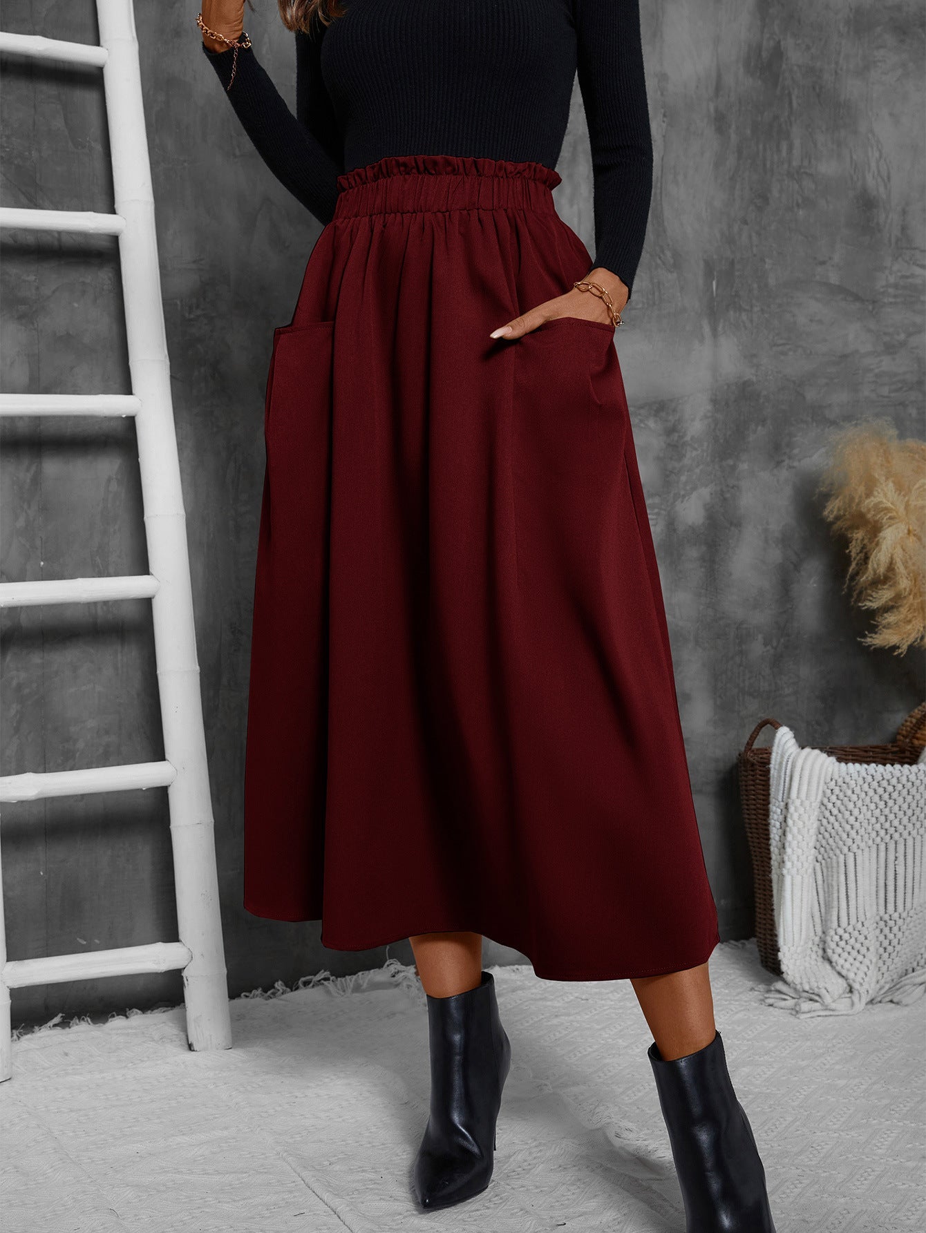 Damen Luftiger Midirock mit elastischem Bund und praktischen Taschen Shopnory