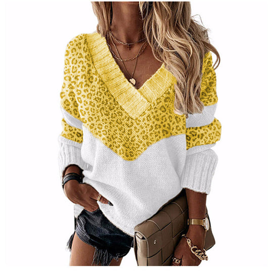 Damen V‑Ausschnitt Strickpullover mit Leo‑Print und Colorblock‑Design Shop Nory