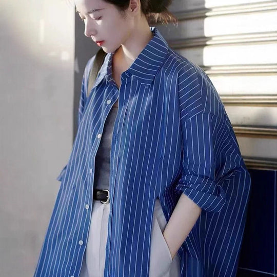 Damen Oversize-Streifenhemd mit verlängertem Saum und kastiger Passform Shop Nory