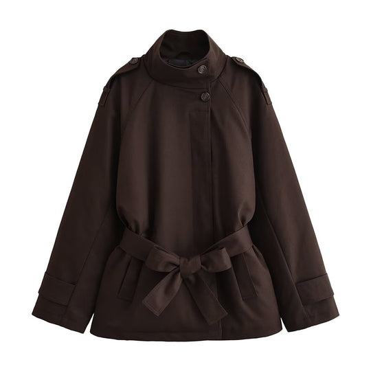 Damen Kurze Cape-Trenchjacke mit Stehkragen, Schulterriegeln und Bindegürtel Shop Nory