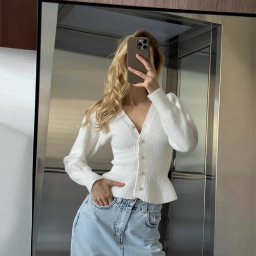 Damen Eleganter Strickcardigan mit Perlenknöpfen Shop Nory