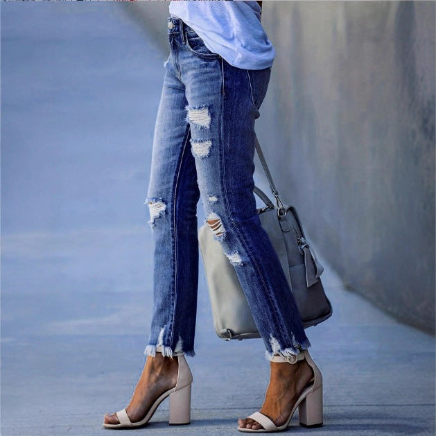 Damen knöchellange gerade geschnittene Destroyed-Jeans mit hoher Taille und ausgefranstem Saum Shop Nory