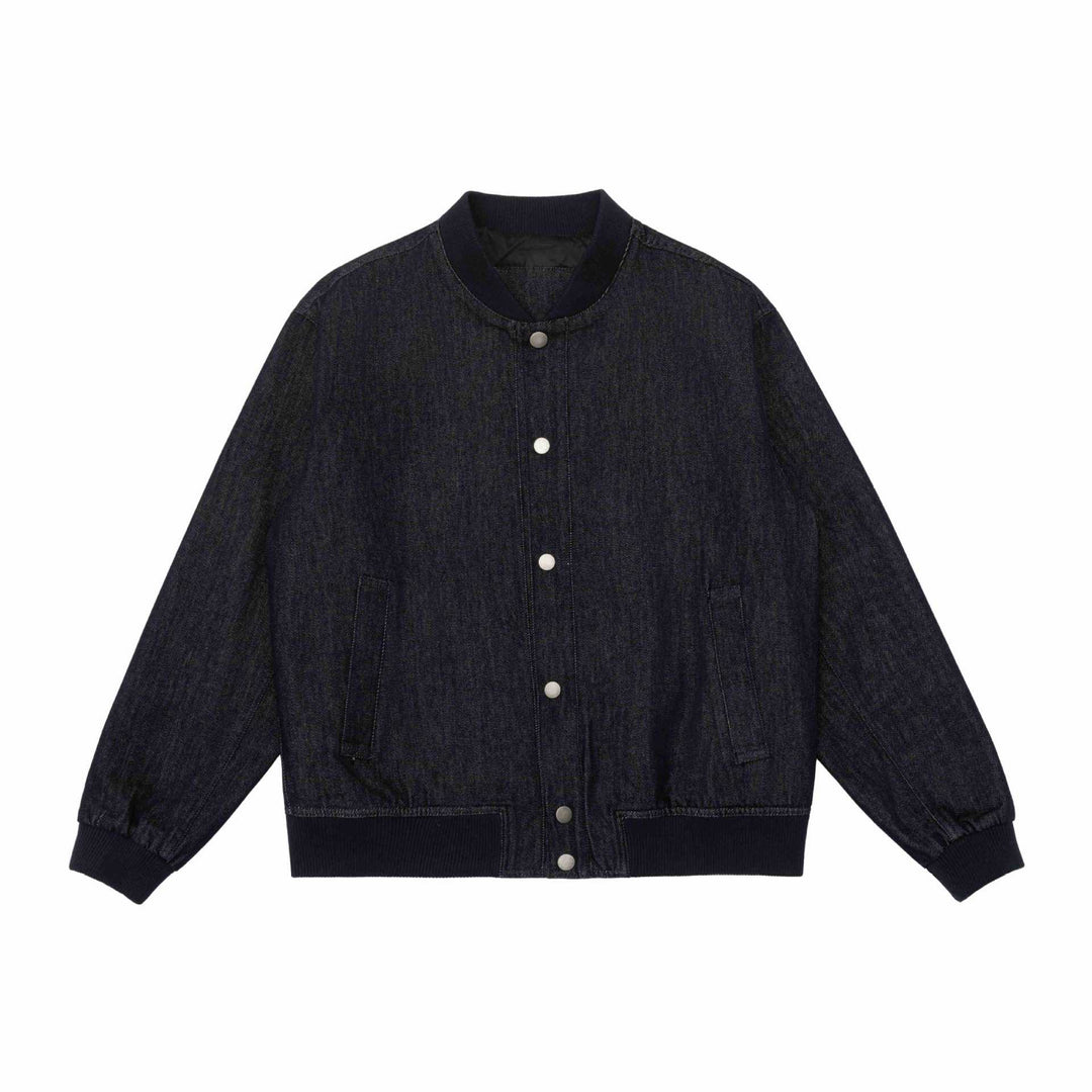 Unisex Boxy Jeans‑Bomberjacke mit Rippkragen, Druckknopfleiste und aufgesetzten Taschen Shop Nory