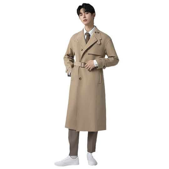 Herren Langer moderner Trenchcoat aus leichtem Twill mit verdeckter Knopfleiste und Taillenriegel Shop Nory