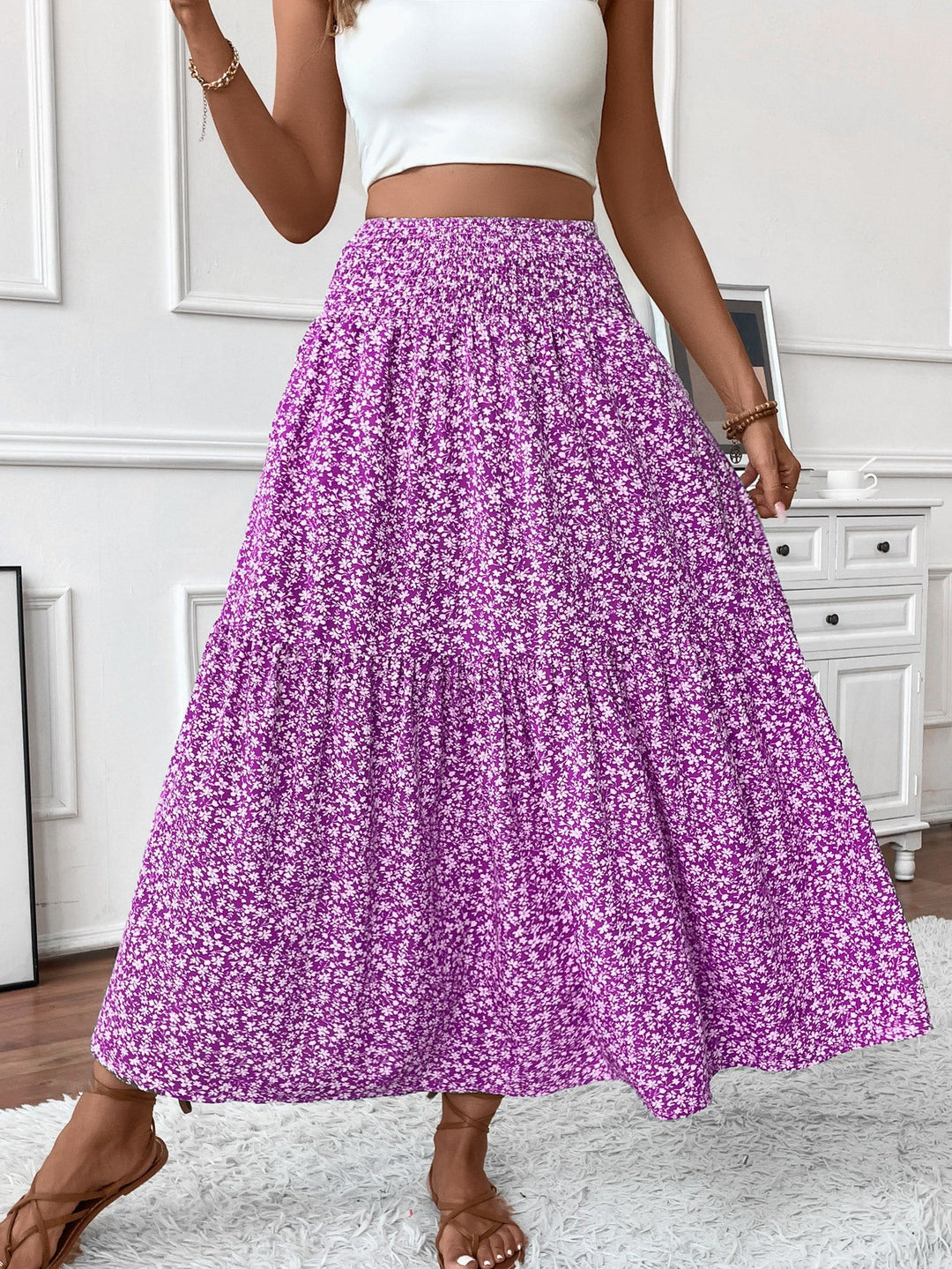 Damen Langer Rock mit floralem Print und elastischem Bund