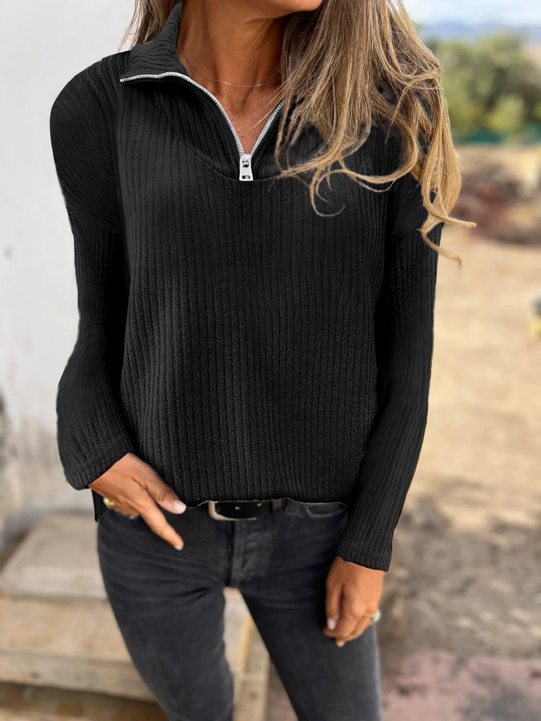 Damen Rippstrickpullover mit halbem Reißverschluss und Stehkragen Shop Nory