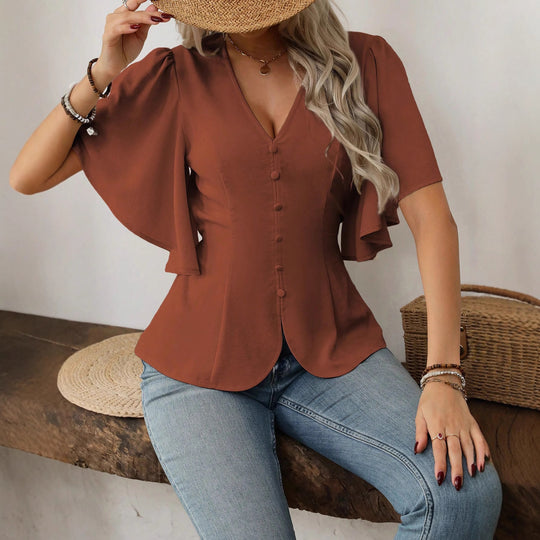 Damen V-Ausschnitt taillierte Bluse mit Schößchen und Volantärmeln Shop Nory