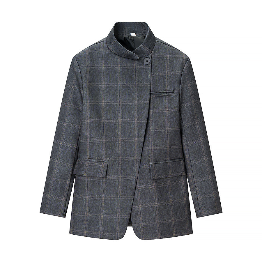 Herren taillierter Kurzblazer mit Stehkragen, asymmetrischer Knopfleiste und Karomuster Shop Nory