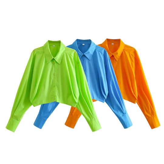 Damen Kurzgeschnittene übergroße Bluse mit weiten Ärmeln und Hemdkragen Shop Nory