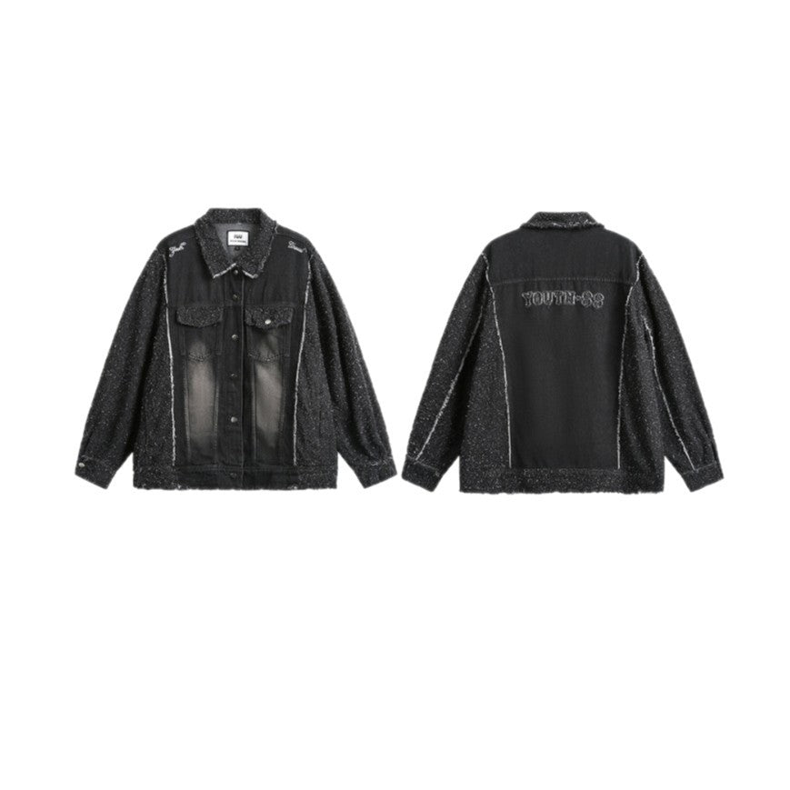 Unisex Oversized-Jeansblouson mit melierter Bouclé-Ärmelpartie und ausgefranster Kante Shop Nory