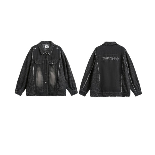 Unisex Oversized-Jeansblouson mit melierter Bouclé-Ärmelpartie und ausgefranster Kante Shop Nory