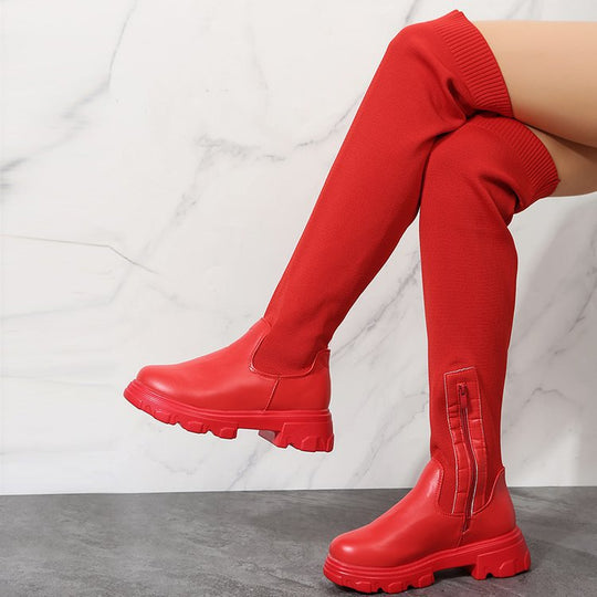 Damen Overknee-Stiefel mit zweifarbiger Plateau-Lugsohle und geripptem Strickschaft Shop Nory