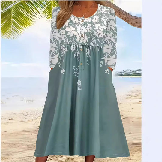 Damen Maxikleid mit V-Ausschnitt, Blumenprint, Knopfleiste und Eingrifftaschen Shop Nory