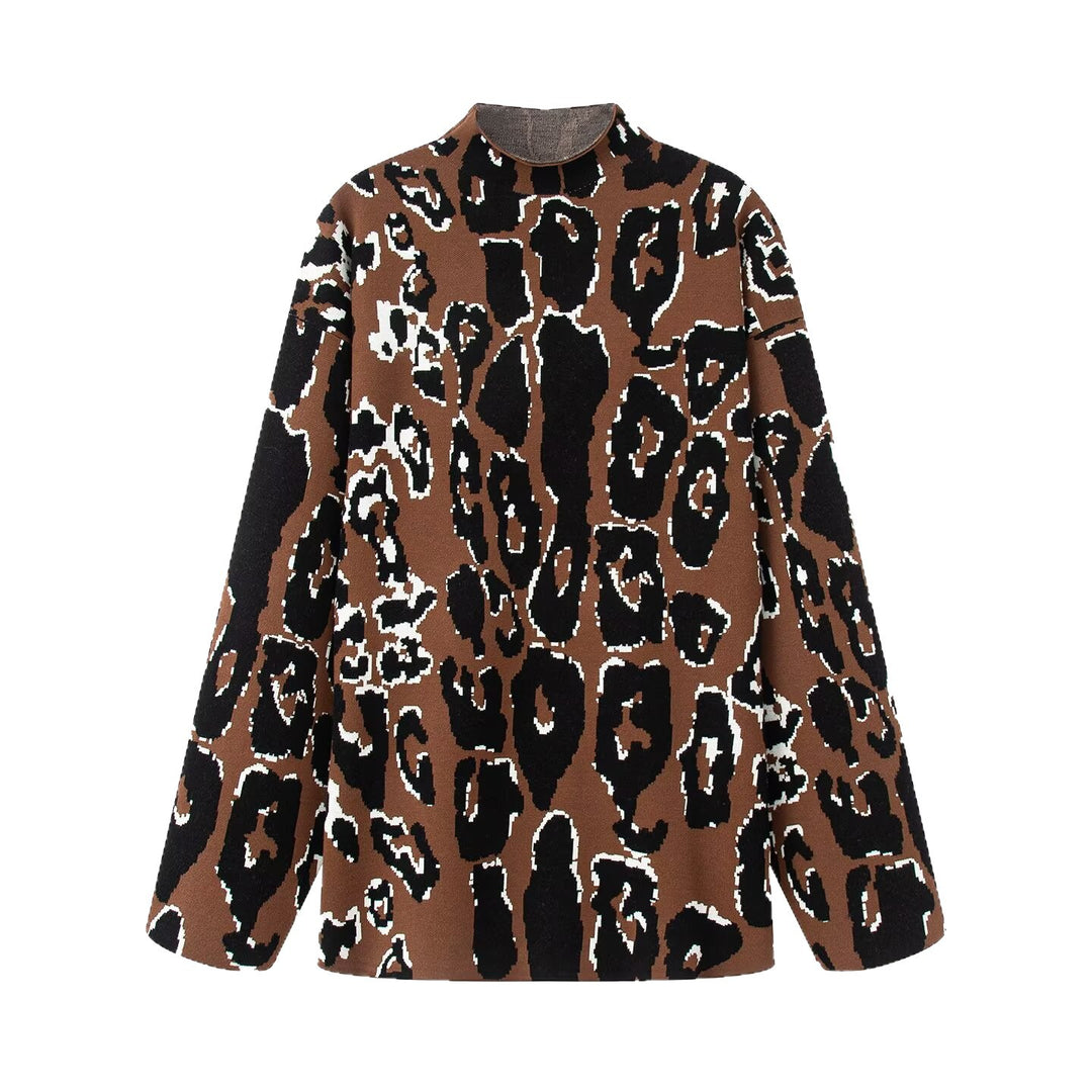 Damen Oversize-Strickpullover mit Stehkragen und Jacquard-Leopardenmuster Shop Nory