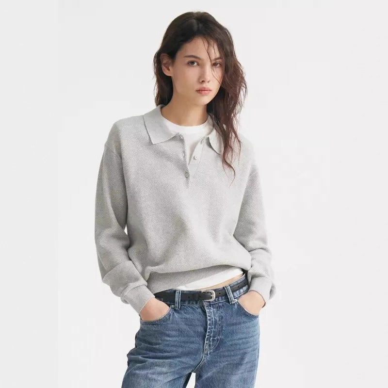 Damen Feinstrick-Polo-Sweater mit Knopfleiste und geripptem Saum Shop Nory