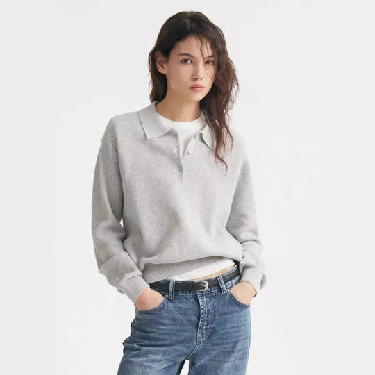 Damen Feinstrick-Polo-Sweater mit Knopfleiste und geripptem Saum Shop Nory