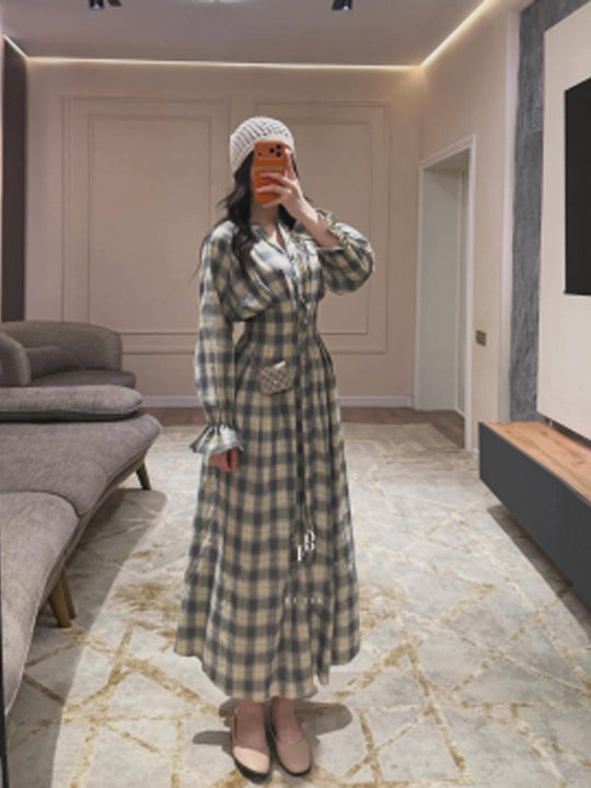 Damen Maxikleid im Karierten Hemdblusenstil mit Taillengürtel und Rüschenmanschetten Shop Nory