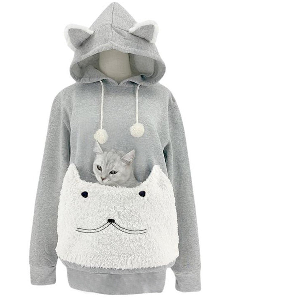Damen Kuscheliger Kapuzenpullover mit Katzenmotiv und praktischer Känguru-Tasche