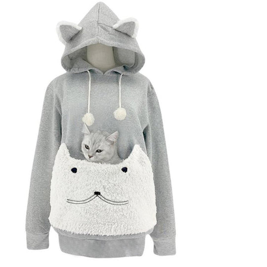 Damen Kuscheliger Kapuzenpullover mit Katzenmotiv und praktischer Känguru-Tasche