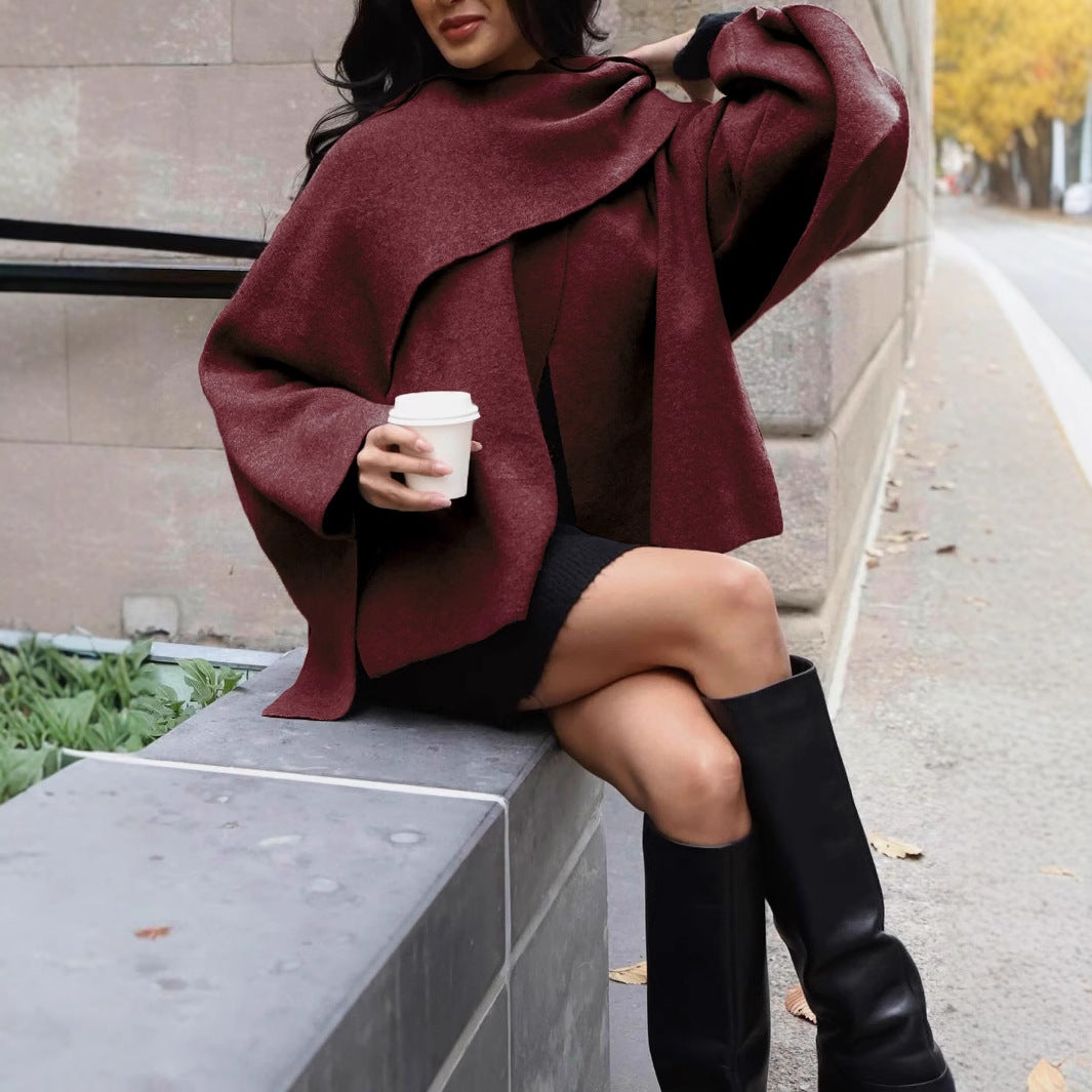 Damen Kurze Capejacke im Lagenlook aus Wollmix mit weitem Fledermausärmel Shop Nory