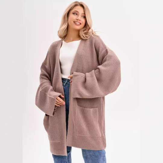 Damen kuscheliger langer Strickcardigan mit weiten Ärmeln und praktischen Taschen Shopnory