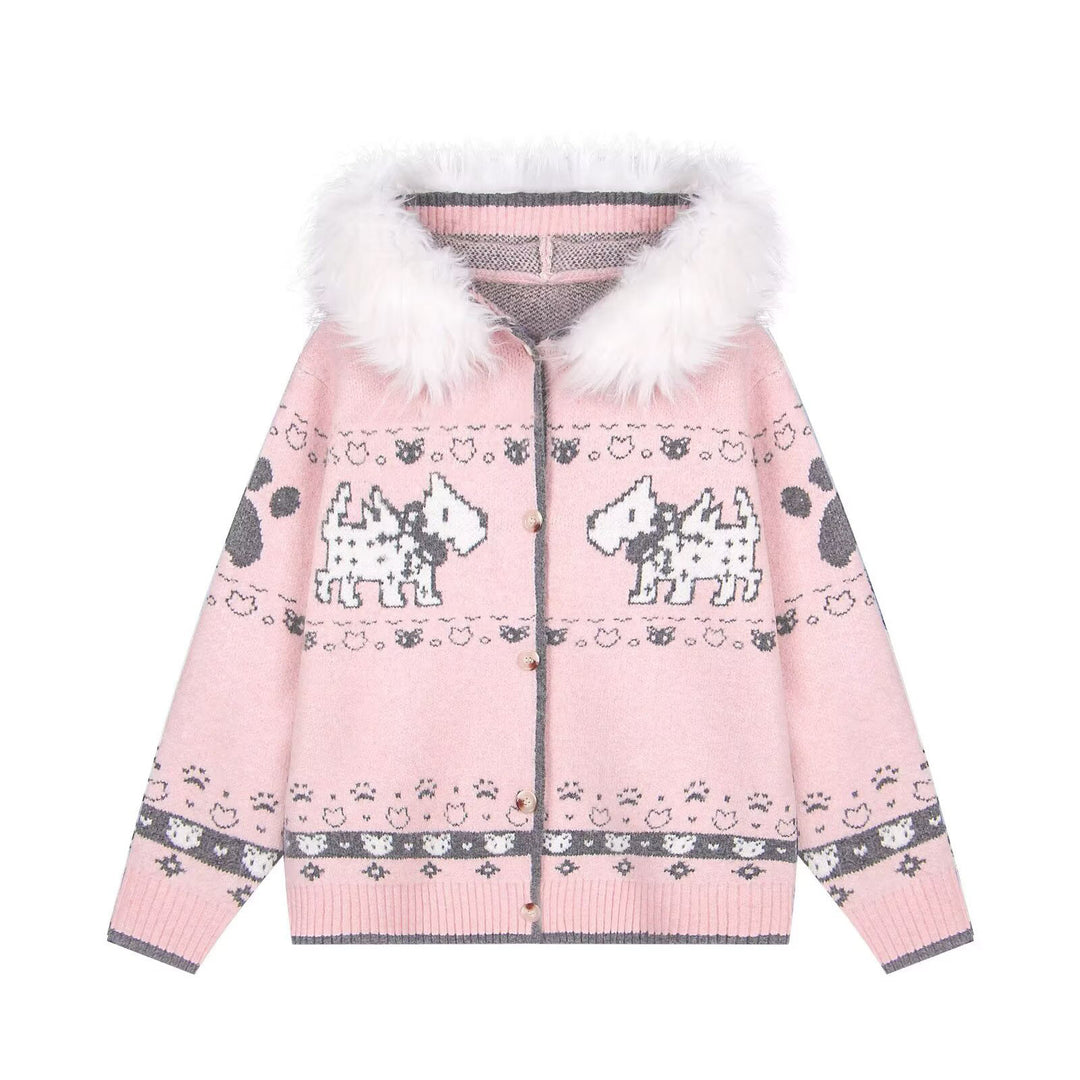 Damen Gemütliche Strickjacke mit Tiermuster und Pelzkragen Shop Nory