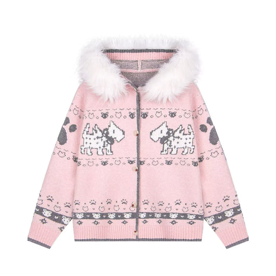 Damen Gemütliche Strickjacke mit Tiermuster und Pelzkragen Shop Nory