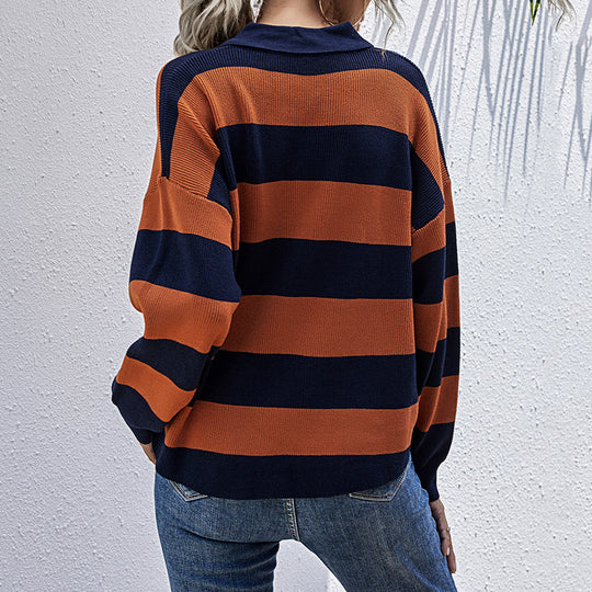 Damen Eleganter Pullover mit Polo-Kragen und Streifen Shop Nory