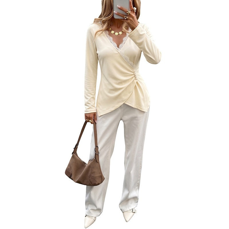 Damen Wickel-Longsleeve mit Spitzenbesatz und seitlicher Raffung Shop Nory