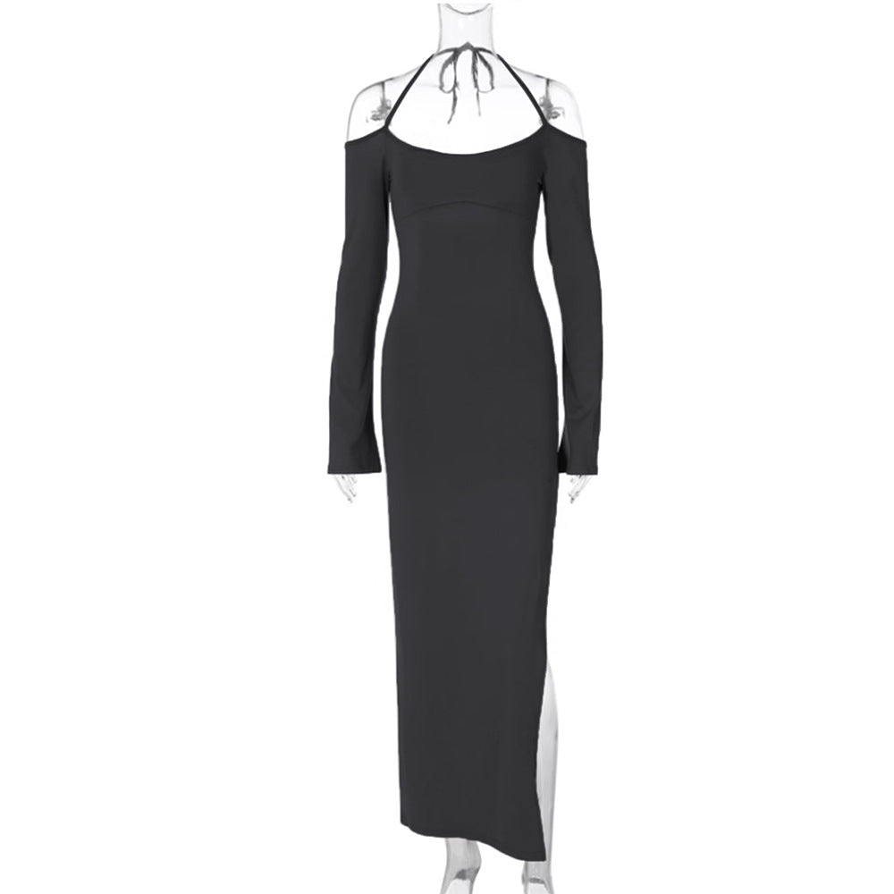 Damen langes Abendkleid mit Neckholder und schulterfreiem Bell-Ärmel, figurbetonter Taillenraffung und hohem seitlichem Beinschlitz Shop Nory