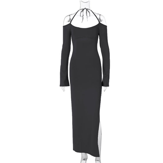 Damen langes Abendkleid mit Neckholder und schulterfreiem Bell-Ärmel, figurbetonter Taillenraffung und hohem seitlichem Beinschlitz Shop Nory