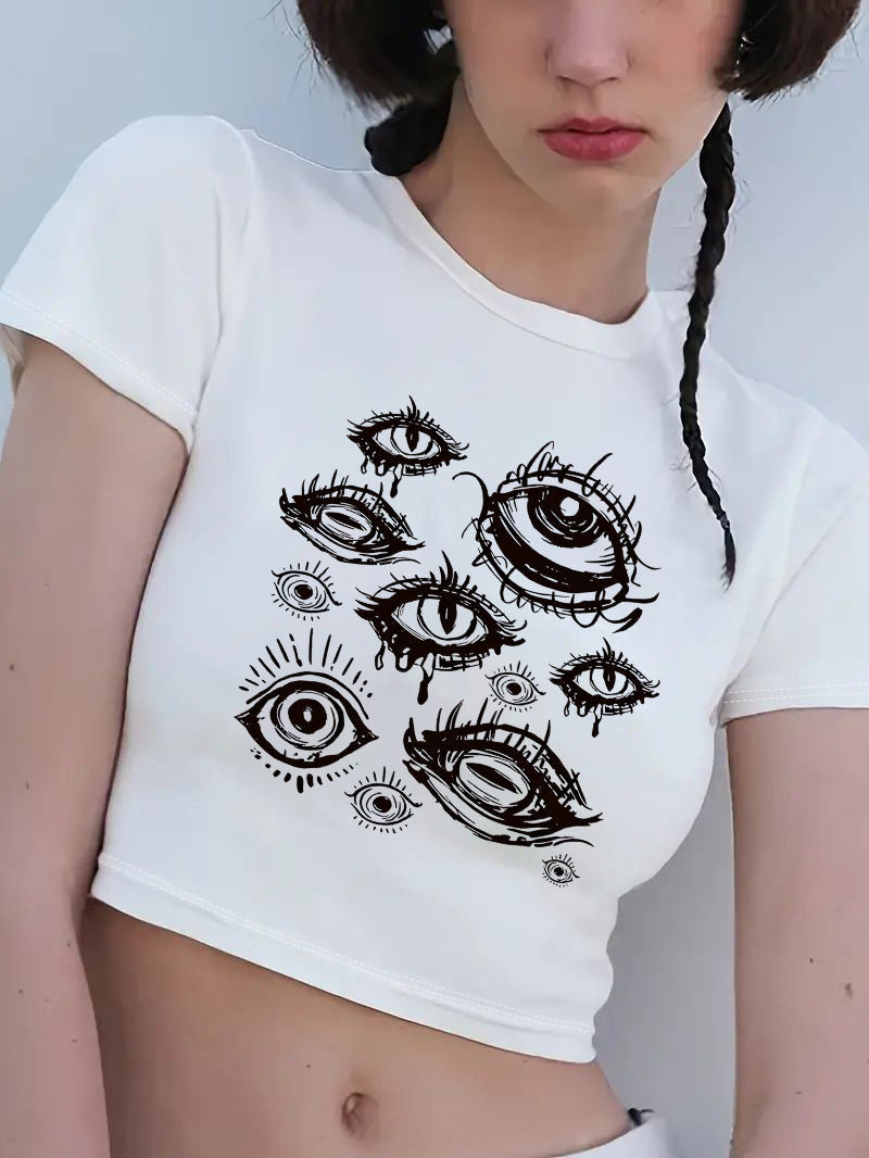 Damen Crop-T-Shirt mit kreativem Motiv und figurbetontem Schnitt Shopnory