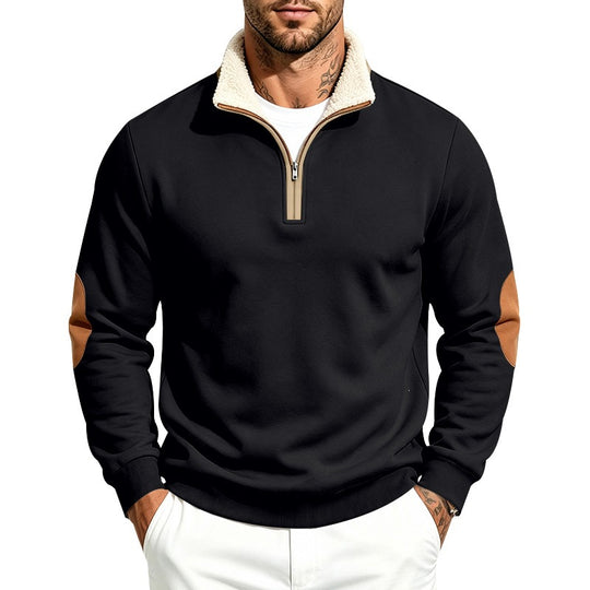 Herren Thermo-Fleece-Halbzippullover mit Teddy-Kragen und Kontrast-Ellbogenpatches Shop Nory