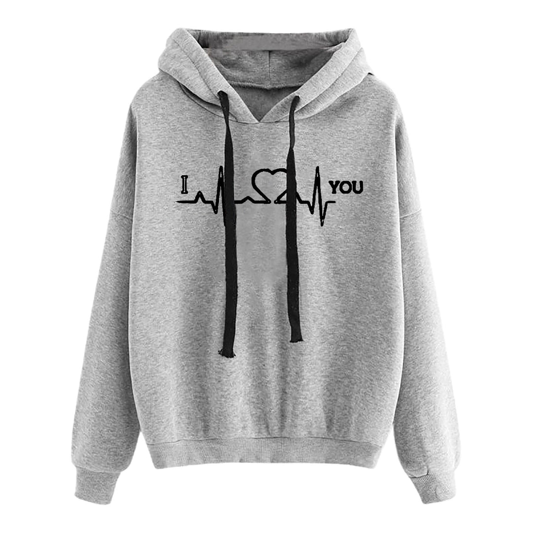 Damen nan leichter Oversize Kapuzenpullover mit Herz‑EKG‑Motiv, langen Kordeln und elastischem Bund Shop Nory