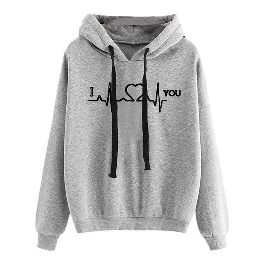 Damen nan leichter Oversize Kapuzenpullover mit Herz‑EKG‑Motiv, langen Kordeln und elastischem Bund Shop Nory