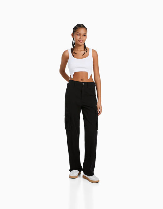 Damen nan weite High-Waist Cargo-Hose mit aufgesetzten Pattentaschen und geradem Bein Shop Nory