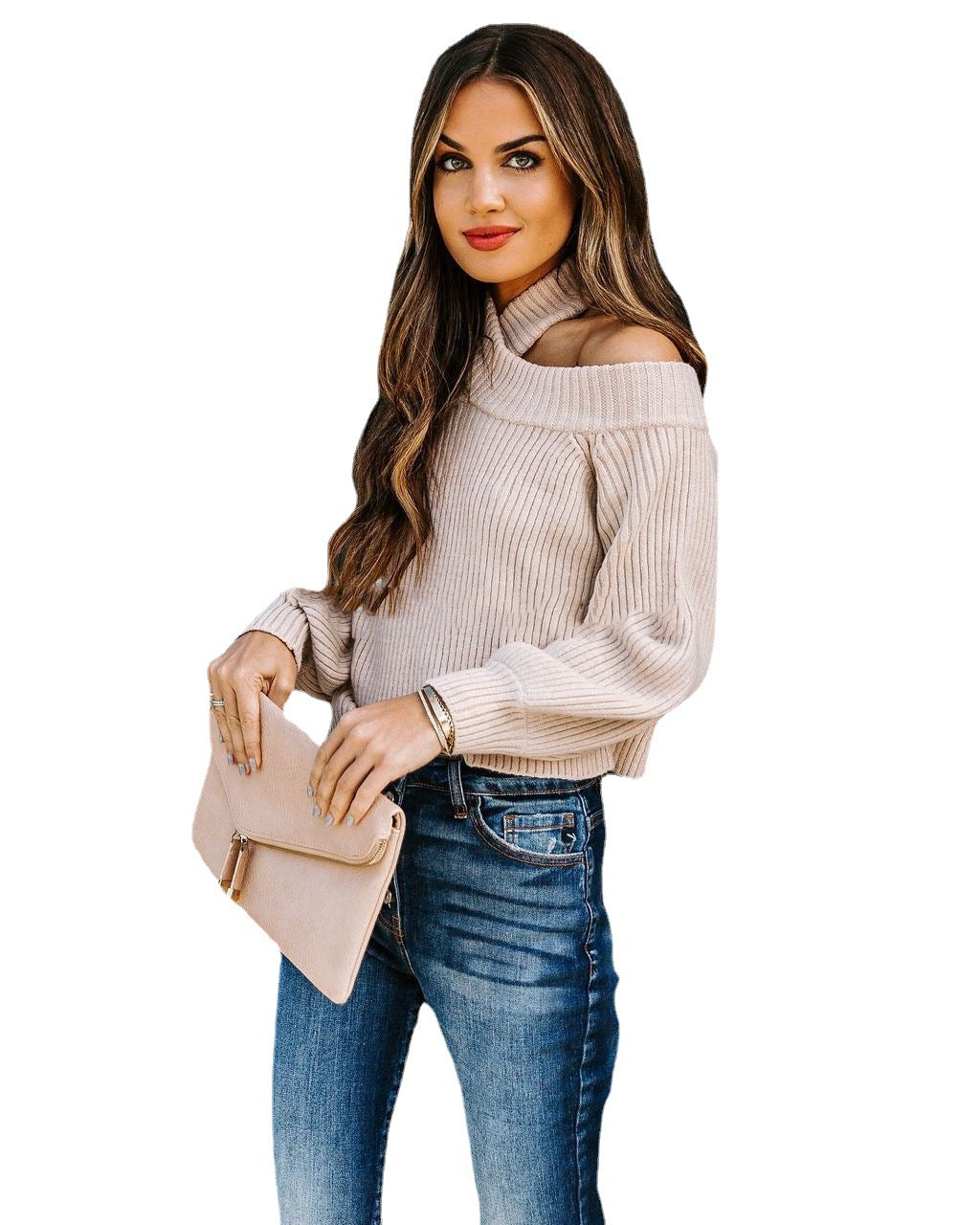 Damen Gerippter Cropped-Strickpullover mit Stehkragen und Schultercutout Shop Nory