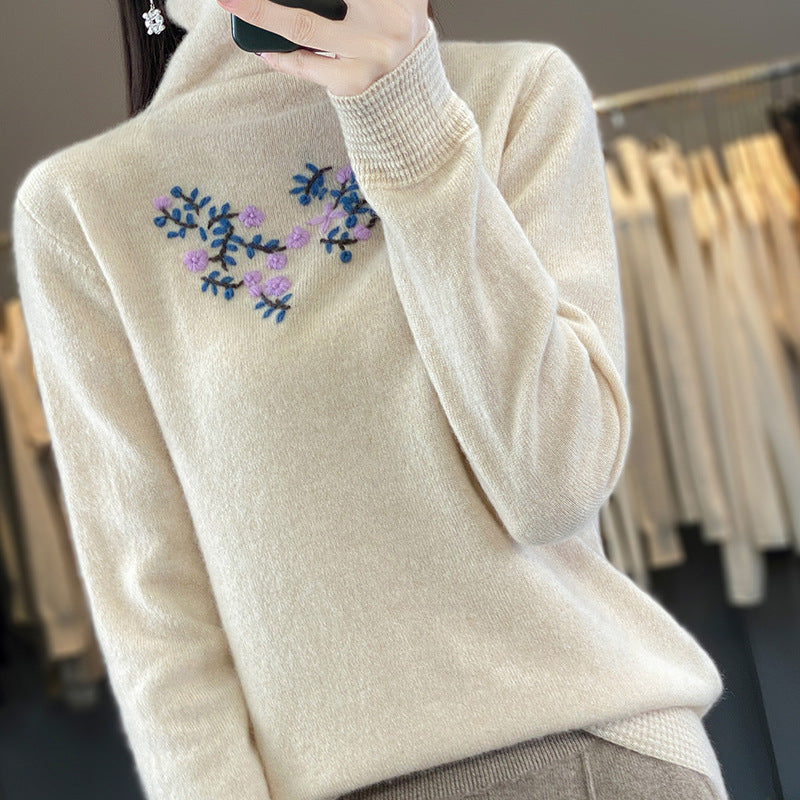 Damen Kaschmir‑Optik Rollkragenpullover mit zarter Blumenstickerei am Brustbereich Shop Nory